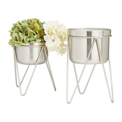 2 Piece Metal Indoor Outdoor Planter with Removable Stand Set
