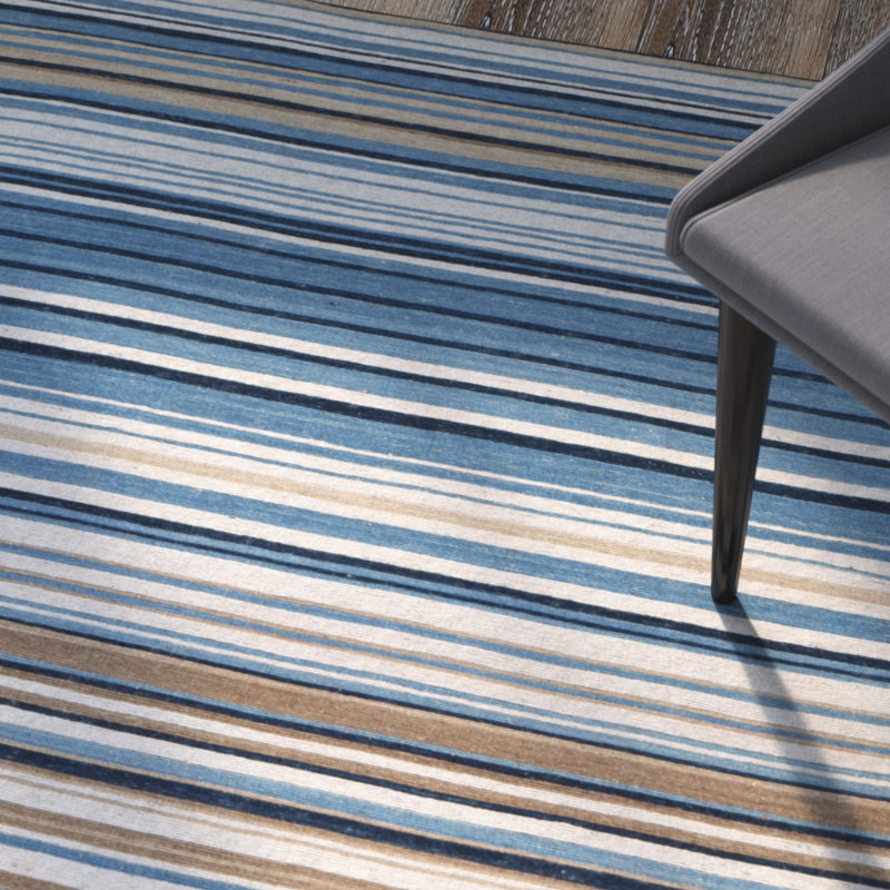 Howardwick Hand Loomed Wool/Cotton Striped Rug in Blue/Beige, Rectangle 6' x 9'