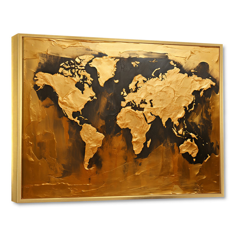 Carte du monde noire et dorée, impression sur toile, H 16 po x l 32 po x P 1 po, Cadre flottant doré