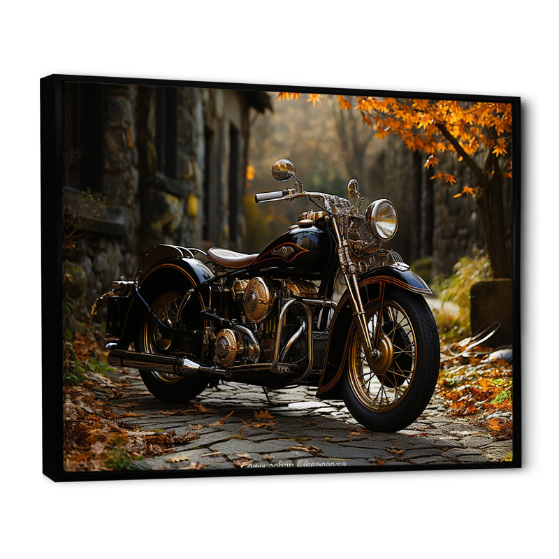 Motif de moto en hiver - Décoration murale moto, Cadre flottant noir, H 16 po x l 32 po x P 1 po