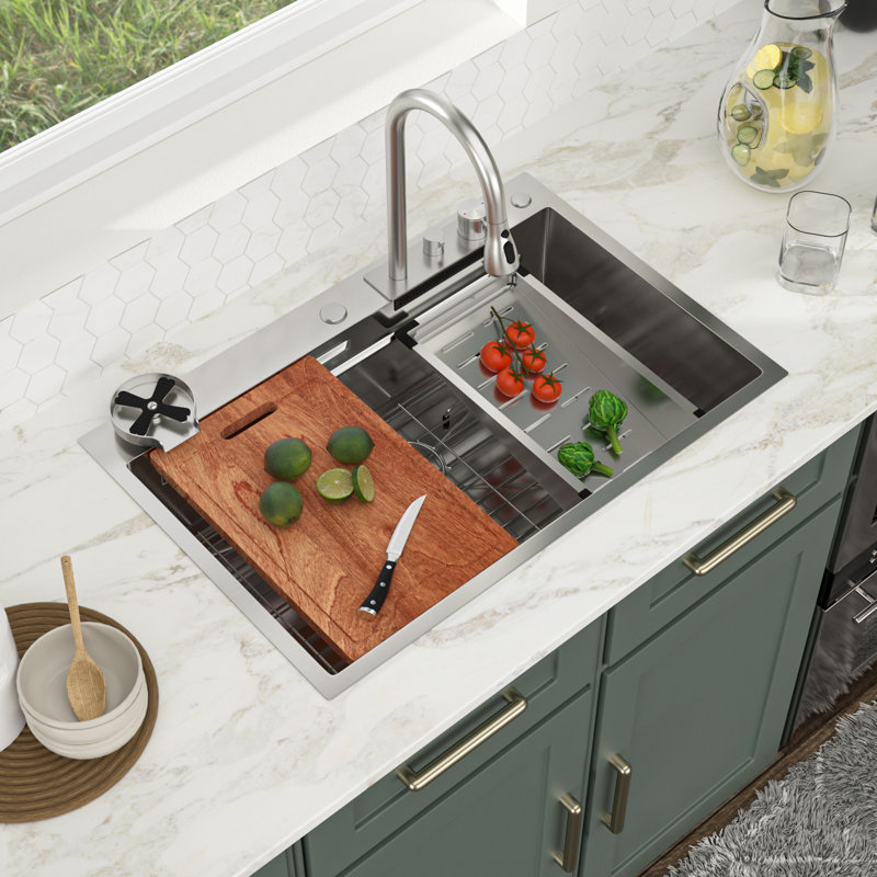 33'' L x 22"W Drop-In Single Bowl Stainless Steel Kitchen Sink with Cup Washer and Flying Rain Faucet, Brushed