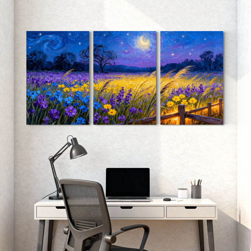 Abstrait nuit étoilée champ de fleurs, ensemble de 3 impressions sur toile, H 18 po x l 36 po