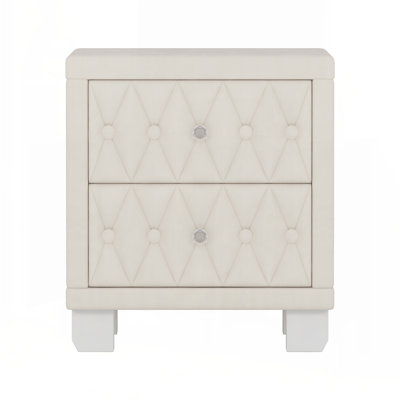 Elegant Velvet Nightstand with 2 Drawers and Crystal Handle, Storage Bedside Table with Button-Tufted, Beige