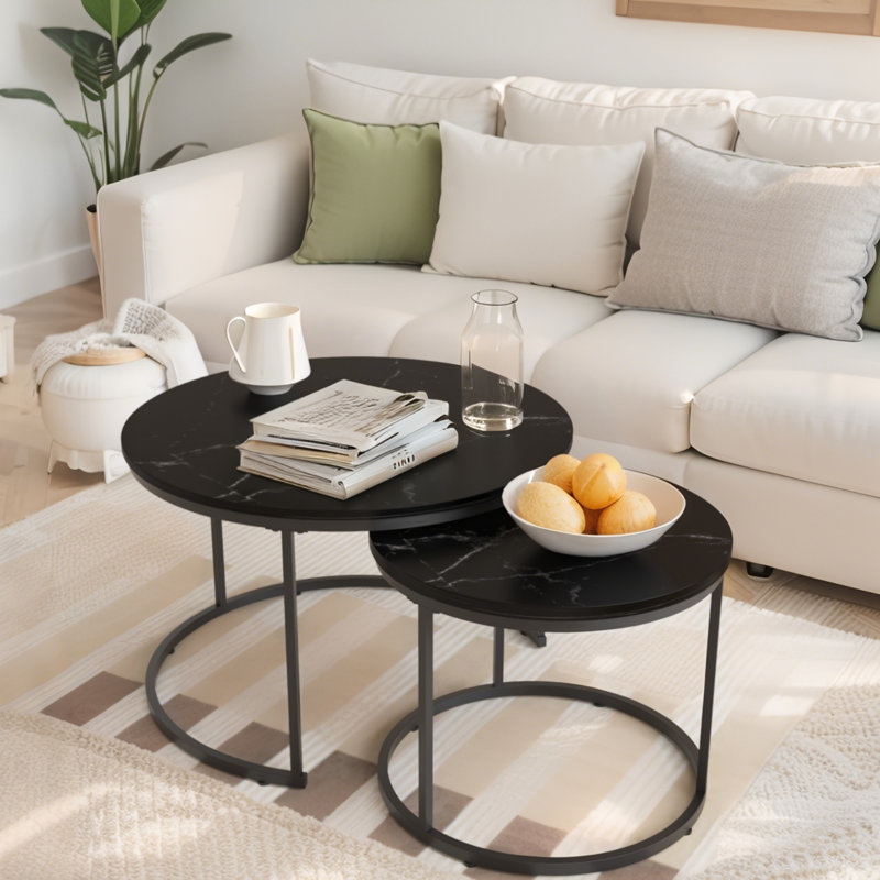 Ensemble de 2 tables basses gigognes 27,6 po, plateau en métal et plateau en marbre de bois, Noir