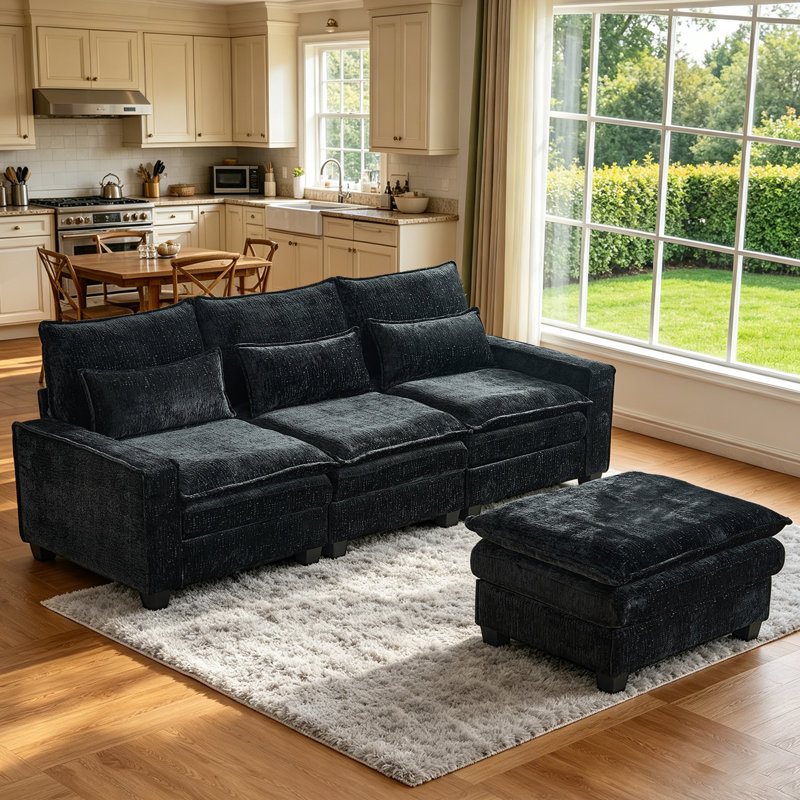 {New Arrived} 99.50 Inch 3-Seater Chenille Modular Sofa Set with Movable Ottoman,Free Combination, Black Chenille