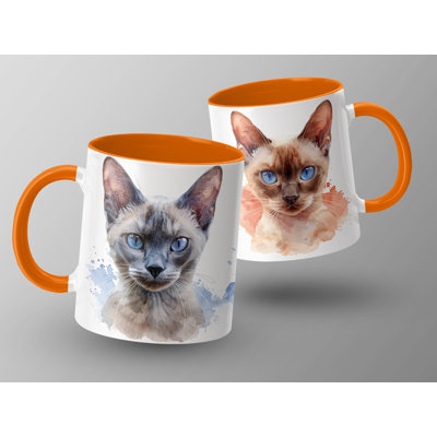 Cat Design 11oz Accent Mug – White Ceramic Coffee Cup with Colored Handle and Interior
