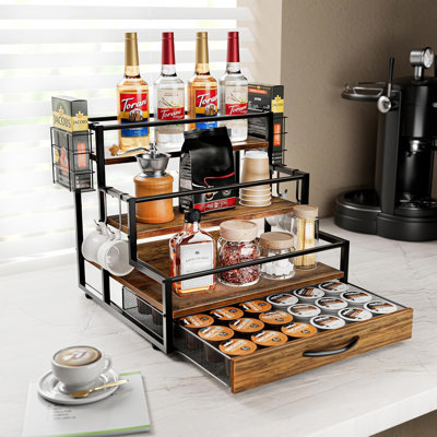Coffee Syrup Organizer Rack, 4 Tier Stand with K-Cup Drawer, Side Hooks , All In One Holds 12 Syrup Bottles