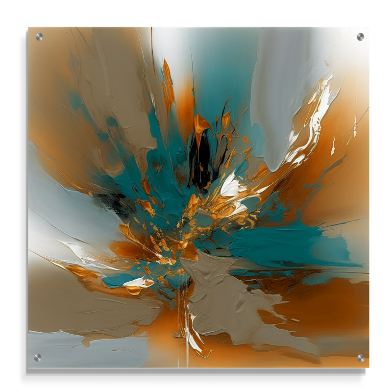 Marbre doré et turquoise Fuild Ink I - Art mural abstrait en marbre acrylique, H 16 po x l 16 po