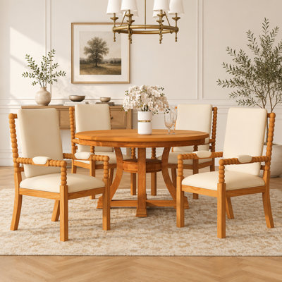 5-Piece Retro Functional Dining Table Set, Extendable Round Table Expared 4 Upholstered Chairs