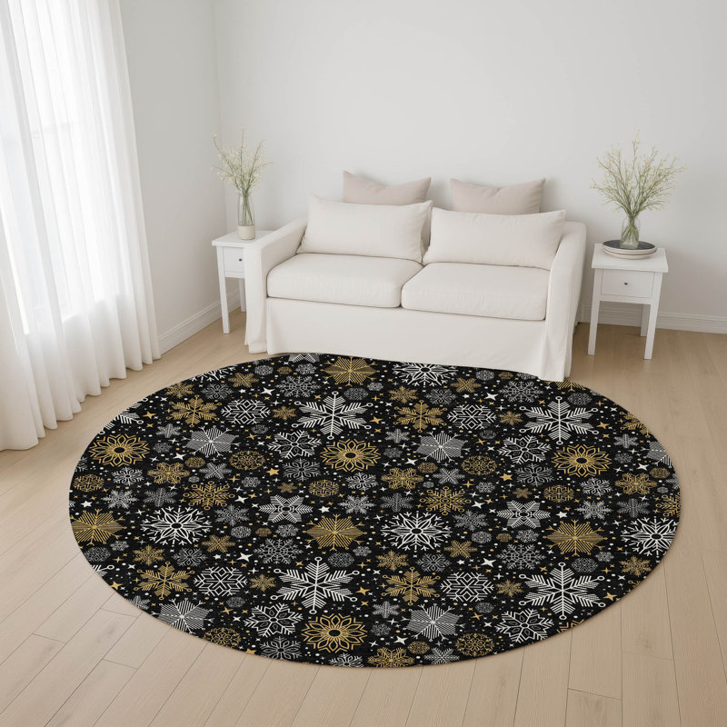 Premium Machine Washable Mayfield AMF1823 Stars and Snowflakes Holiday Rug, Round 8'