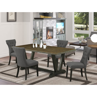 Ensemble de table de cuisine 6 pièces : chaises de salle à manger modernes avec assise en lin Dahlia et dossier capitonné, banc rectangulaire et table de cuisine rectangulaire en bois avec pieds en bois, finition Jacobean vieillie.