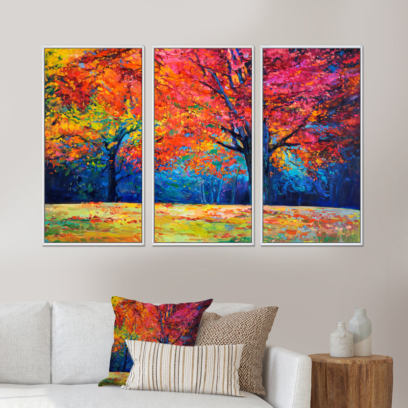 «Vibrant Red Tree In Autumn Landscape», peinture sur toile 3 pièces, H 32 po x l 48 po, Blanc