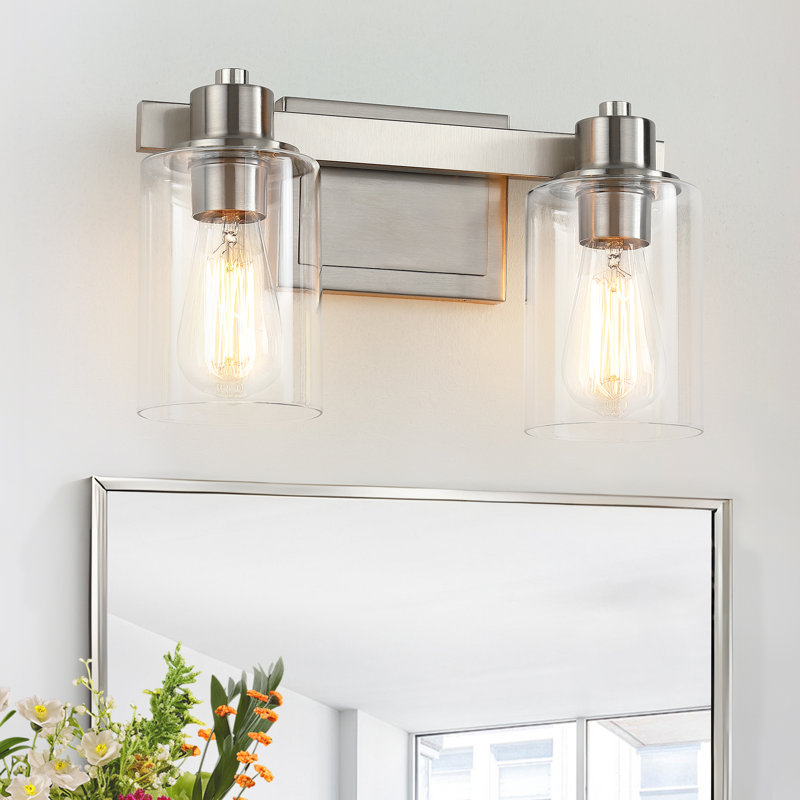 Éclairage pour meuble-lavabo de salle de bain 2 lumières en nickel 14 po avec abat-jour en verre 14 po, Nickel brossé
