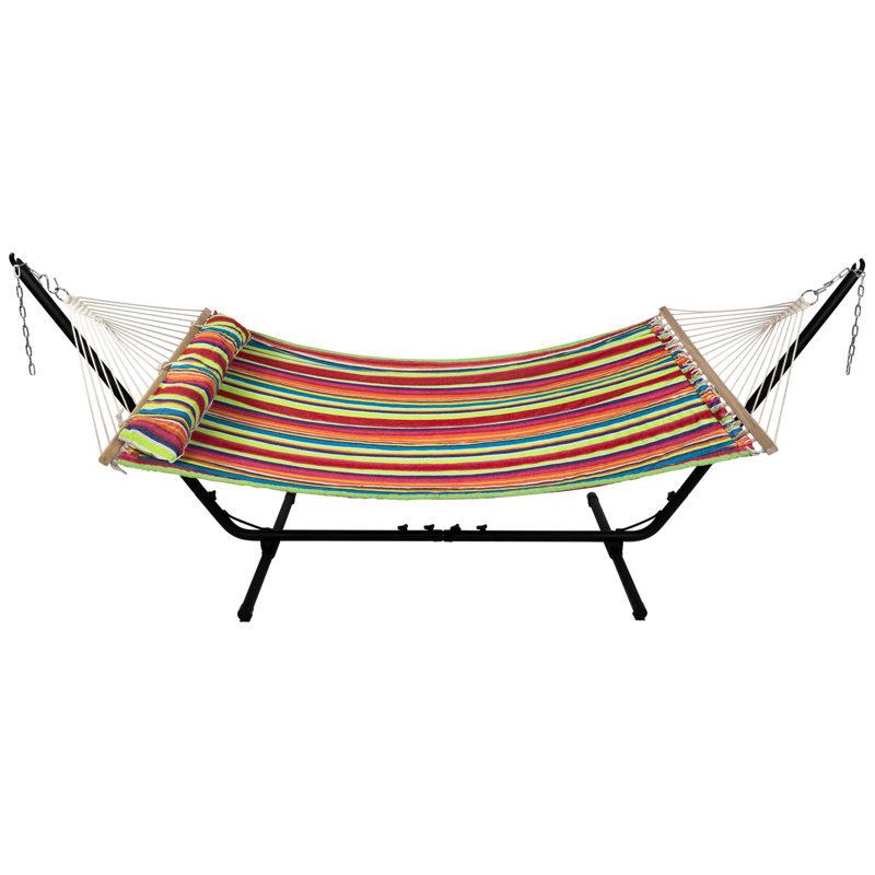 Striped Macrame Quilted Two Person Double Hammock With Pillow - 9' X 55" - Multicolor
