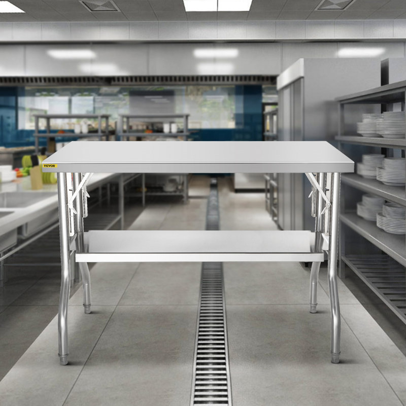 Folding Commercial Prep Table, 48 x 24 Inch Commercial Worktable Workstation with Undershelf, Heavy-duty Stainless Steel Folding Table with 300 lbs Load, Designed for Home Kitchen Restaurant Garage