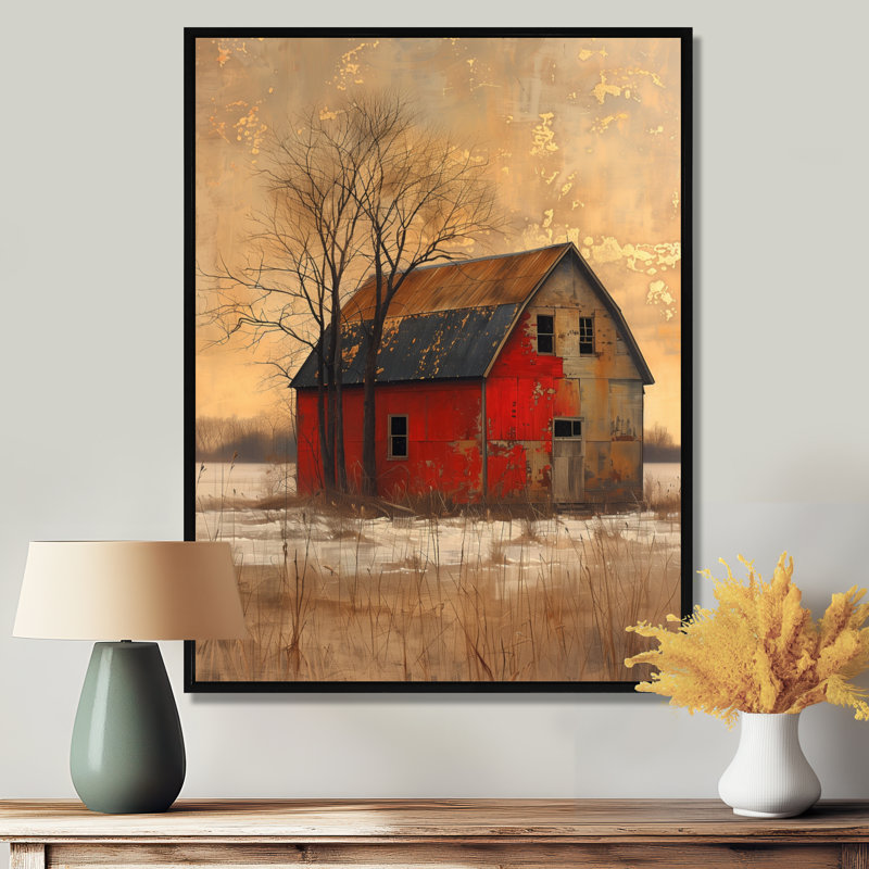 Gris et rouge, automne rétro, grange, art mural, Toile avec cadre flottant noir, H 32 po x l 16 po x P 1 po