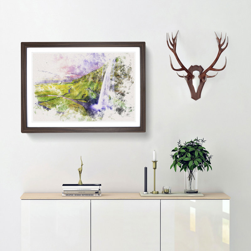 Seljalandsfoss Waterfall Iceland - Picture Frame Painting Print, 62cm H x 87cm W x 2cm D, Walnut Framed