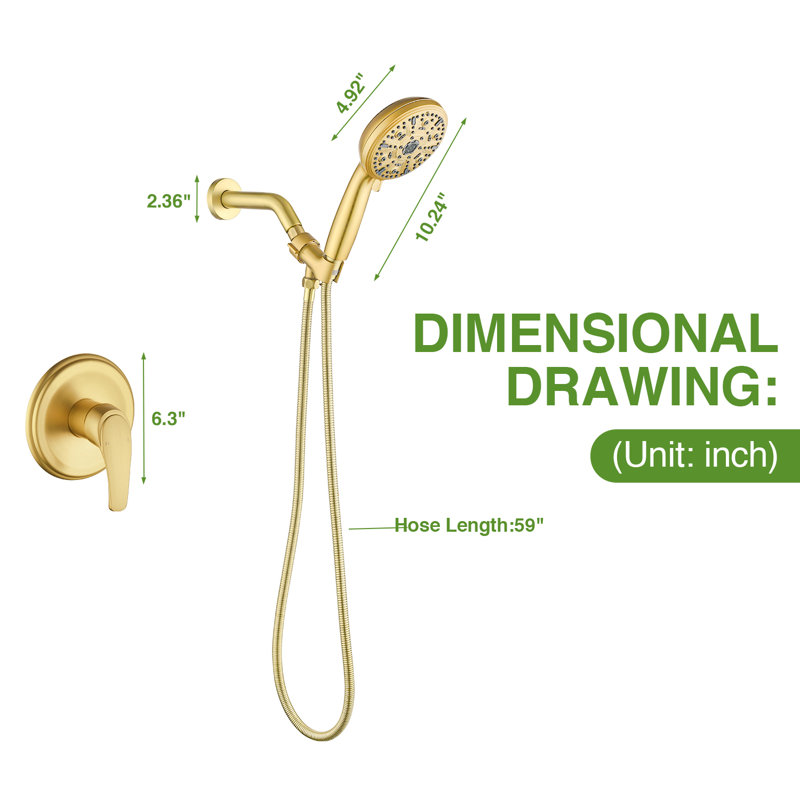 Pomme de douche amovible à 10 jets avec valve brossée or brossé, Or brossé