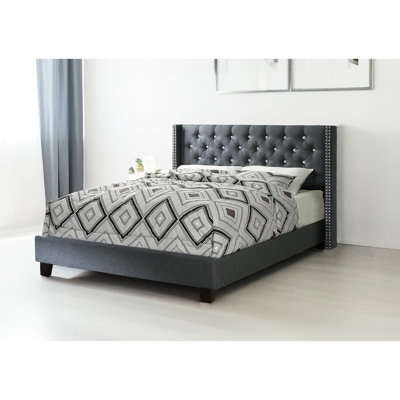 Lit double, style contemporain, gris bleu, tête de lit à losanges, pieds en plastique, sans sommier, polyfibre et bois