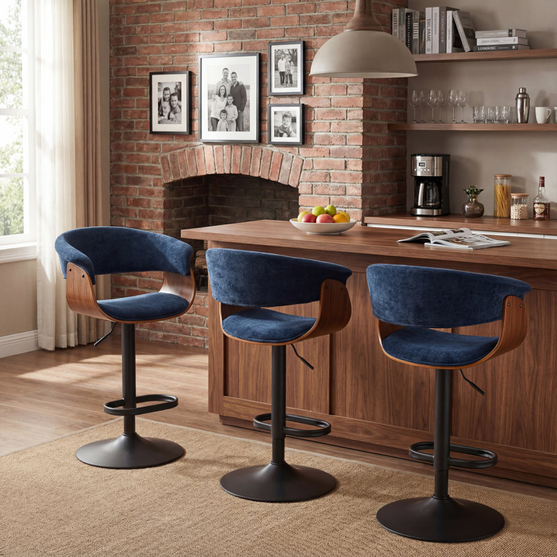 Tabourets de bar à hauteur réglable avec siège pivotant en tissu et dossier pour îlot de cuisine, bar et pub, Bleu, 3