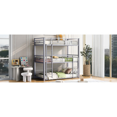 Strong Metal Twin Size Bunk Bed, Silver - Space Saving & Stable Design Triple Bed In Optimizing, Guardrail Equipped, No Box Spring, Effortless Assembly