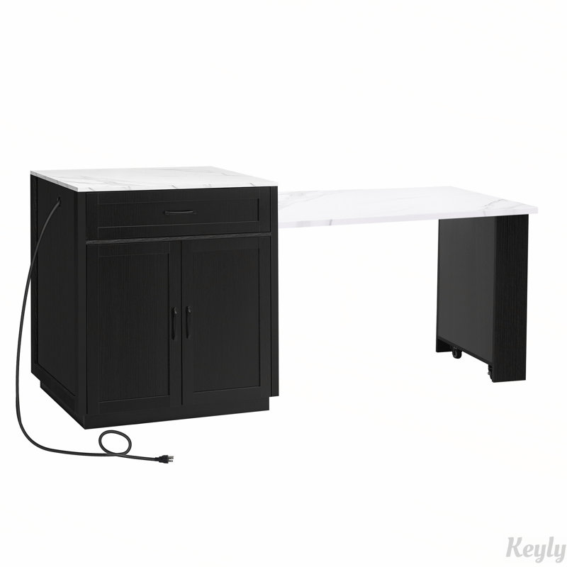 Kitchen island with Extendable Dining Table, Storage 2 Drawers 2 Side Open Shelves