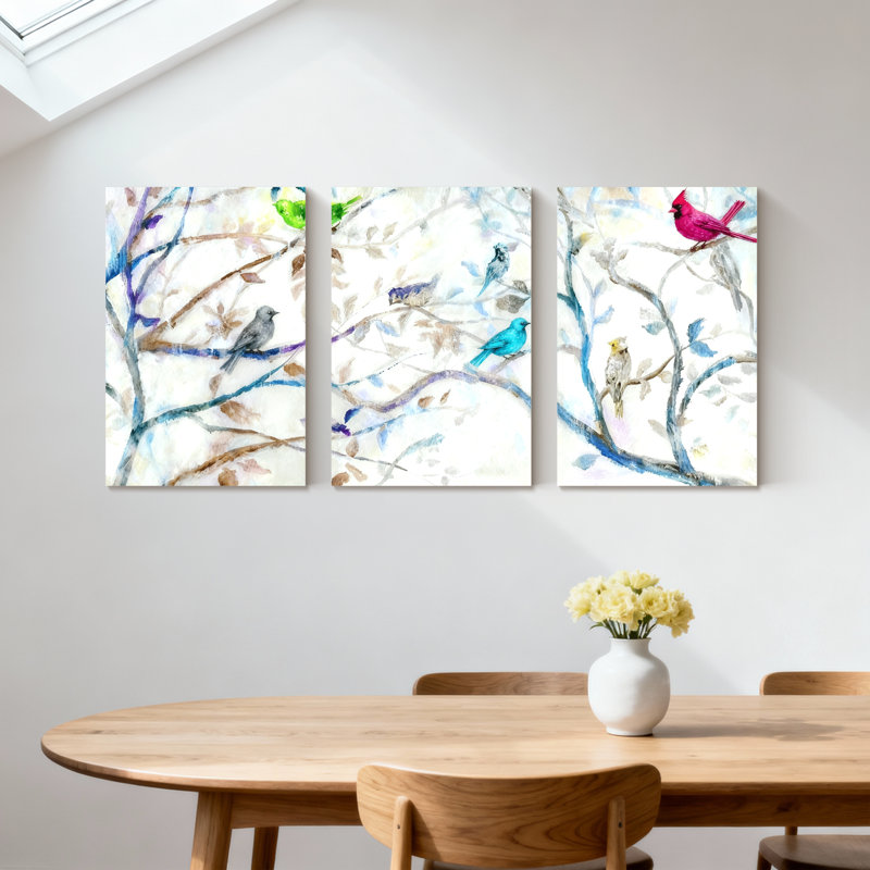 «Birds Colorful Birds On Branches», ensemble de 3 impressions sur toile, H 30 po x l 60 po