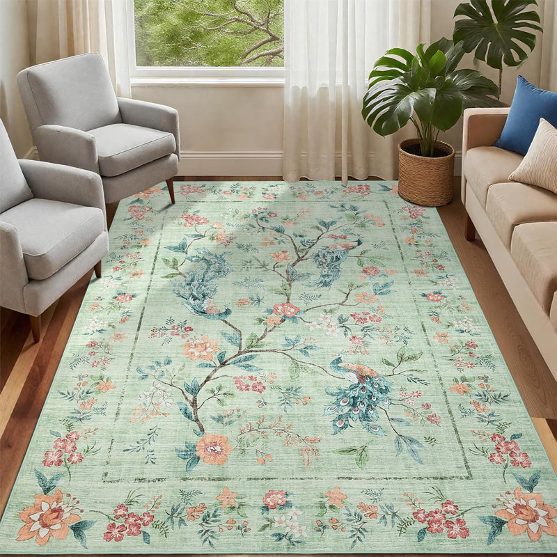 Tapis noir lavable - motif floral paon, antidérapant et résistant aux taches pour la chambre à coucher, la cuisine et la salle de bain