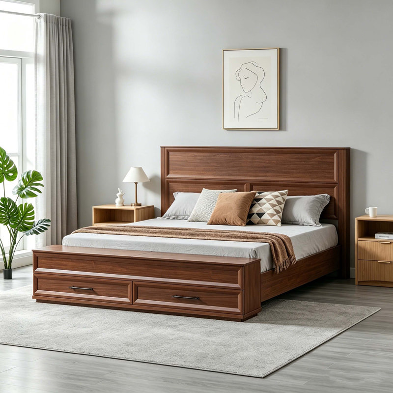 Lit moderne avec tête de lit géométrique 3D et banc de rangement - rangement à 4 tiroirs, Queen, Noyer
