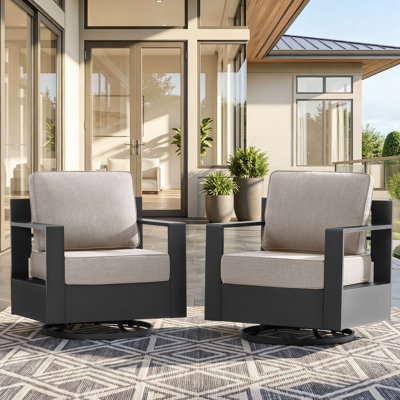 Ensemble de 2 fauteuils pivotants de luxe pour patio extérieur avec accoudoirs en aluminium et coussins moelleux de 15 cm