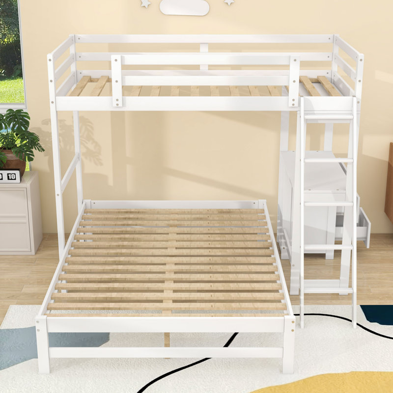 Lit superposé simple au-dessus de 3 tiroirs avec bureau, convertible, Blanc