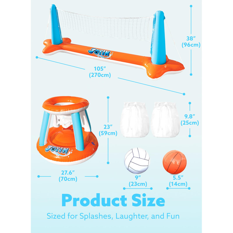 Inflatable Pool Float Set Volleyball Net & Basketball Hoops, Orange, Orange
