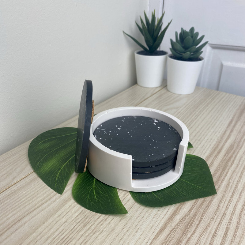 Black Terrazzo Coaster Set with Holder