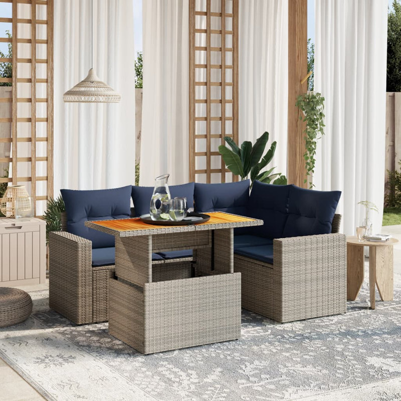 Ensemble de canapé de patio 5 pièces avec coussins en rotin gris pour l'extérieur, Coussin bleu / cadre noir