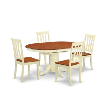 Ensemble de salle à manger ovale en bois 5 pièces, 4 chaises, rallonge de rangement intégrée de 45 cm.