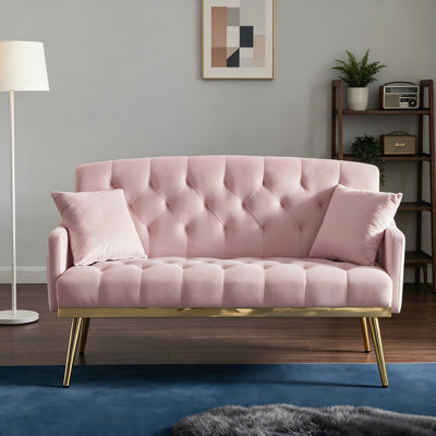 Canapé d'appoint en velours rose, petit canapé rembourré avec pieds en métal doré pour le salon