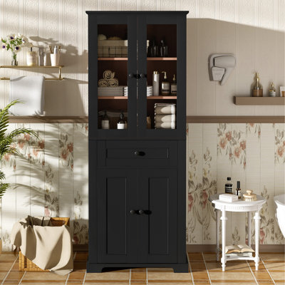 67.57" Tall Bathroom Storage Cabinet With Tempered Glass Doors, Adjustable Shelves & Drawer – Modern Freestanding Linen Tower, Soft-Close Design