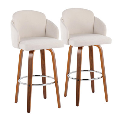 Tabouret de bar à hauteur fixe en bois de noyer et tissu crème avec repose-pieds rond chromé - ensemble de 2