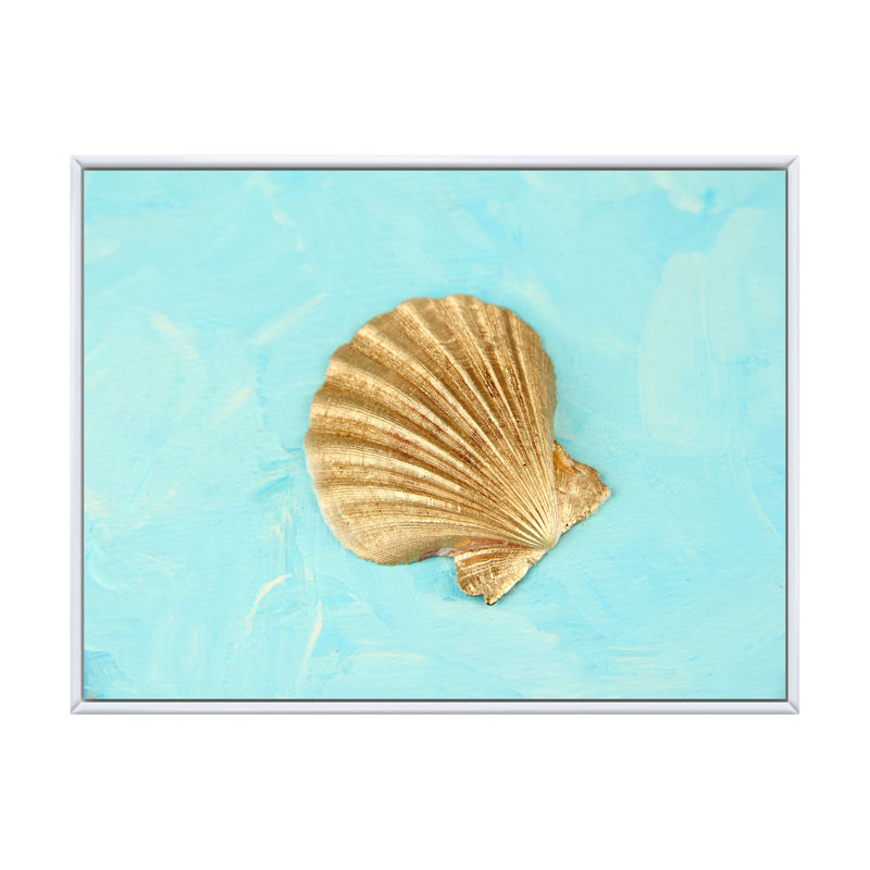 Coquillage doré sur bleu clair - reproduction sur toile, H 12 po x l 20 po, Cadre flottant blanc