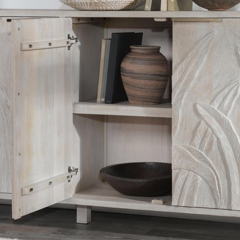 Ledro 82" Gray Mango Solid Wood Sideboard with Carved Foliage Motif