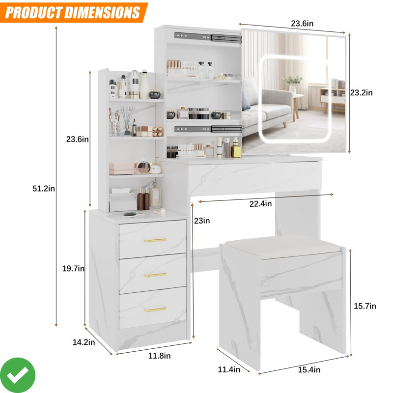 Ensemble de meuble-lavabo avec miroir coulissant et lumière, Marbre blanc