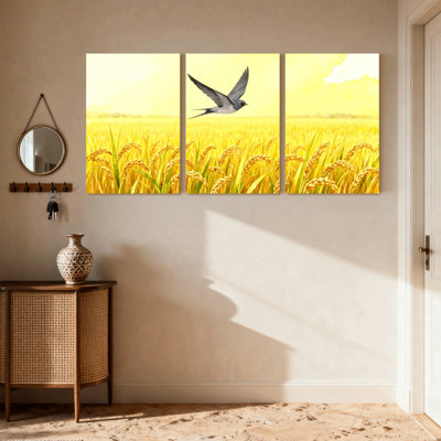 «Birds Golden Field with Flying Bird», ensemble de 3 impressions sur toile