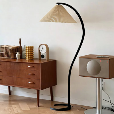 Arched Floor Lamp, Mid-Century Modern Curved Wood Tall Standing Light With Pleated Fabric Shade For Living Room & Bedroom