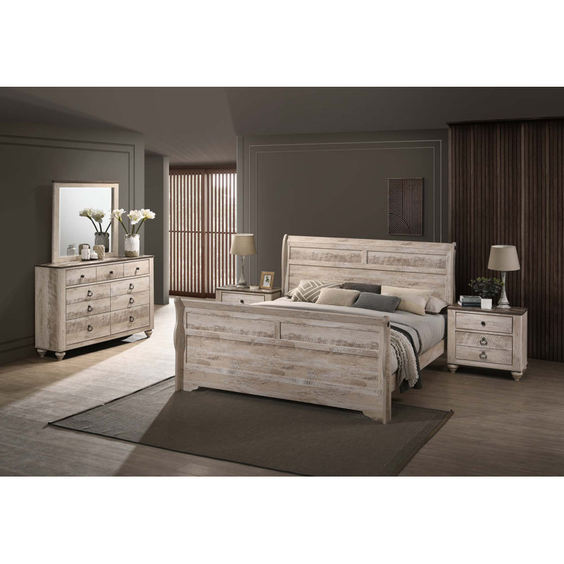 Ensemble de chambre à coucher, Lit, deux tables de chevet, commode, miroir de com, Grand