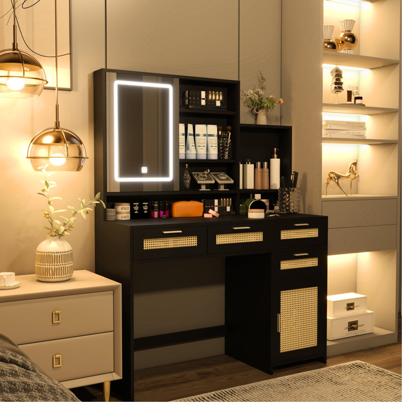 3 Color Led Lights Vanity With Openable Mirror, 4 Drawers, 1 Cabinet & Shelves, Bedroom Dresser, Black Makeup Featuring Mirror Bracket , Drawers Cabinet, Vanity, Construction