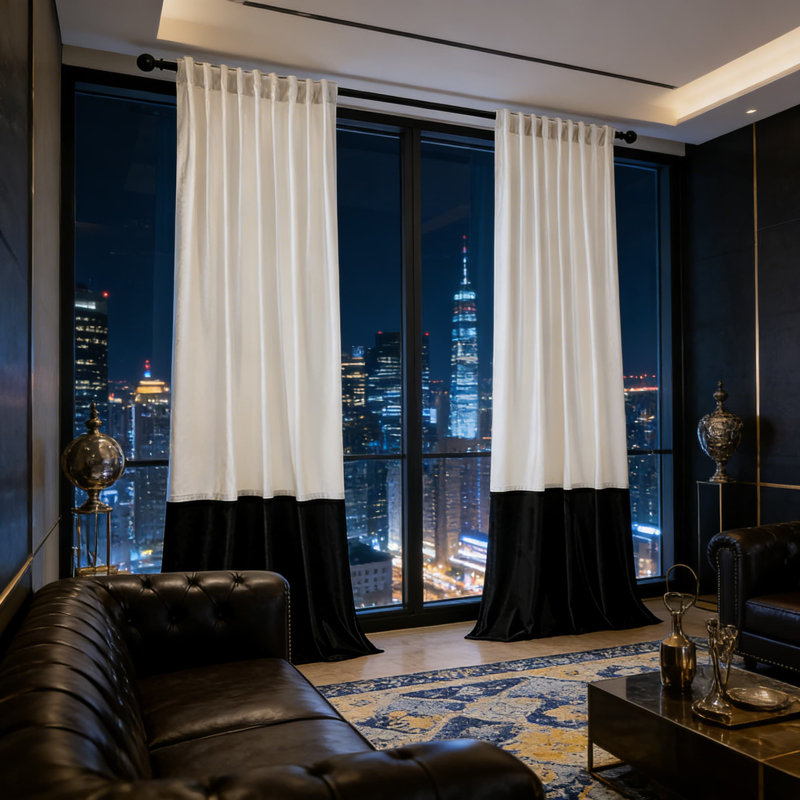 Modern Velvet Blackout Curtains With Color Block Design, Back Tab And Rod Pocket For Living Room And Bedroom, Soundproof Thermal Insulated Drapes, Set Of 2 Panels