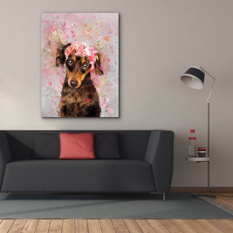 «Flower Crown Dachshund» par Furbaby Affiliates, art mural sur toile, H 54 po x l 40 po x P 1,5 po