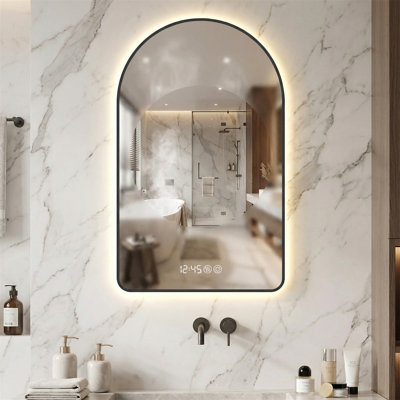 32" x 60" Arched LED Bathroom Mirror with Time & Temperature Display, 1.18in Thin Backlit Design, Anti-Fog Defogger, 3-Color Dimmable Lighting (3000K-6000K), Explosion-Proof Glass