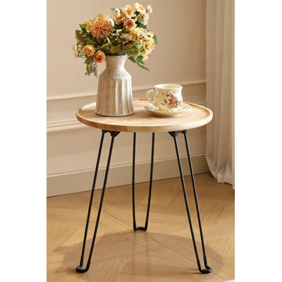 Foldable Round End Table with Solid Wood Tray Top, Portable Camping Side Table, Multi-functional Plant Stand, Nightstand