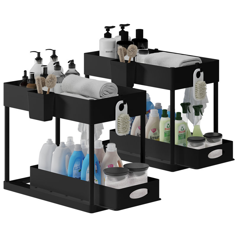 Organisateur de cuisine sous l'évier 2 niveaux avec tiroir latéral et tiroir coulissant StorageBud, Noir, 2-Pack